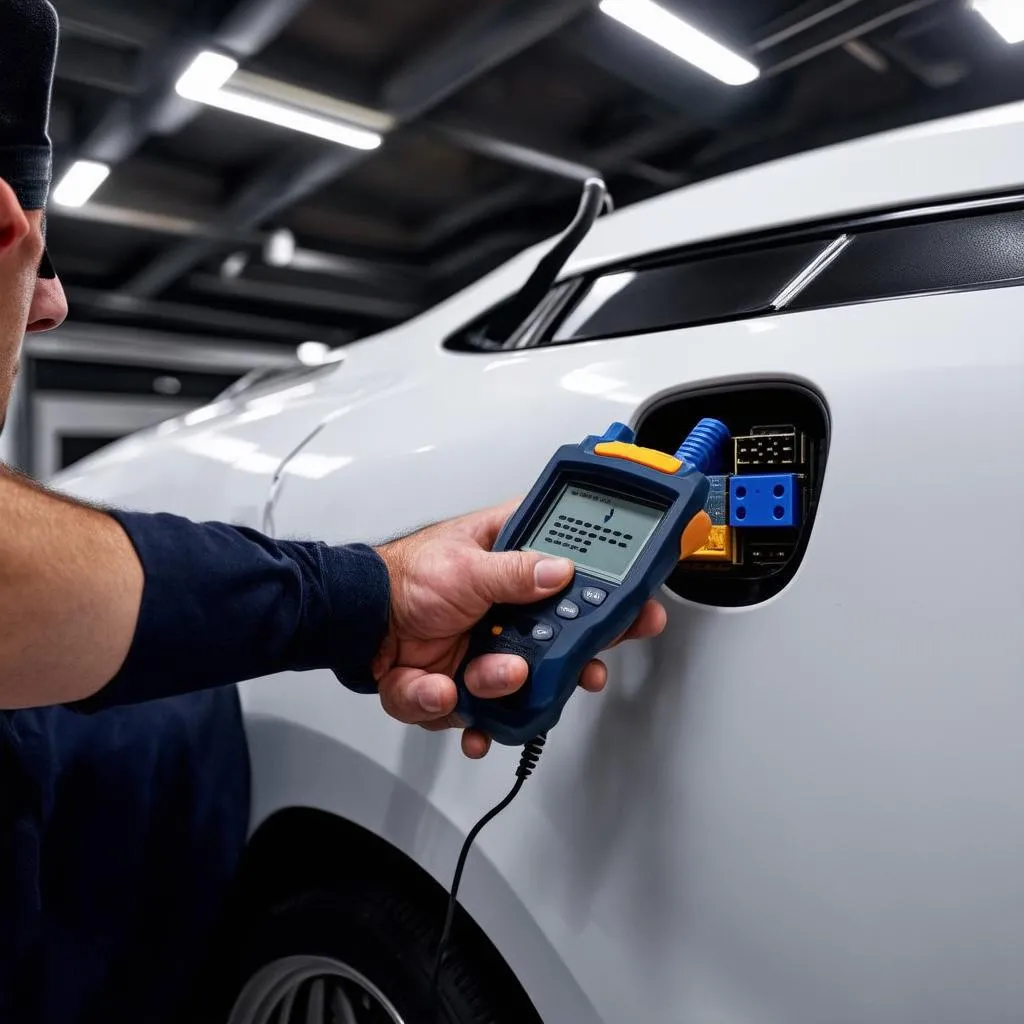 Mechanic Using Diagnostic Tool on European Car