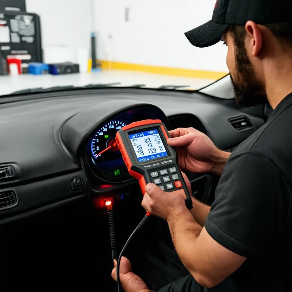 Mechanic Plugging a Diagnostic Tool into a Car's OBD-II Port