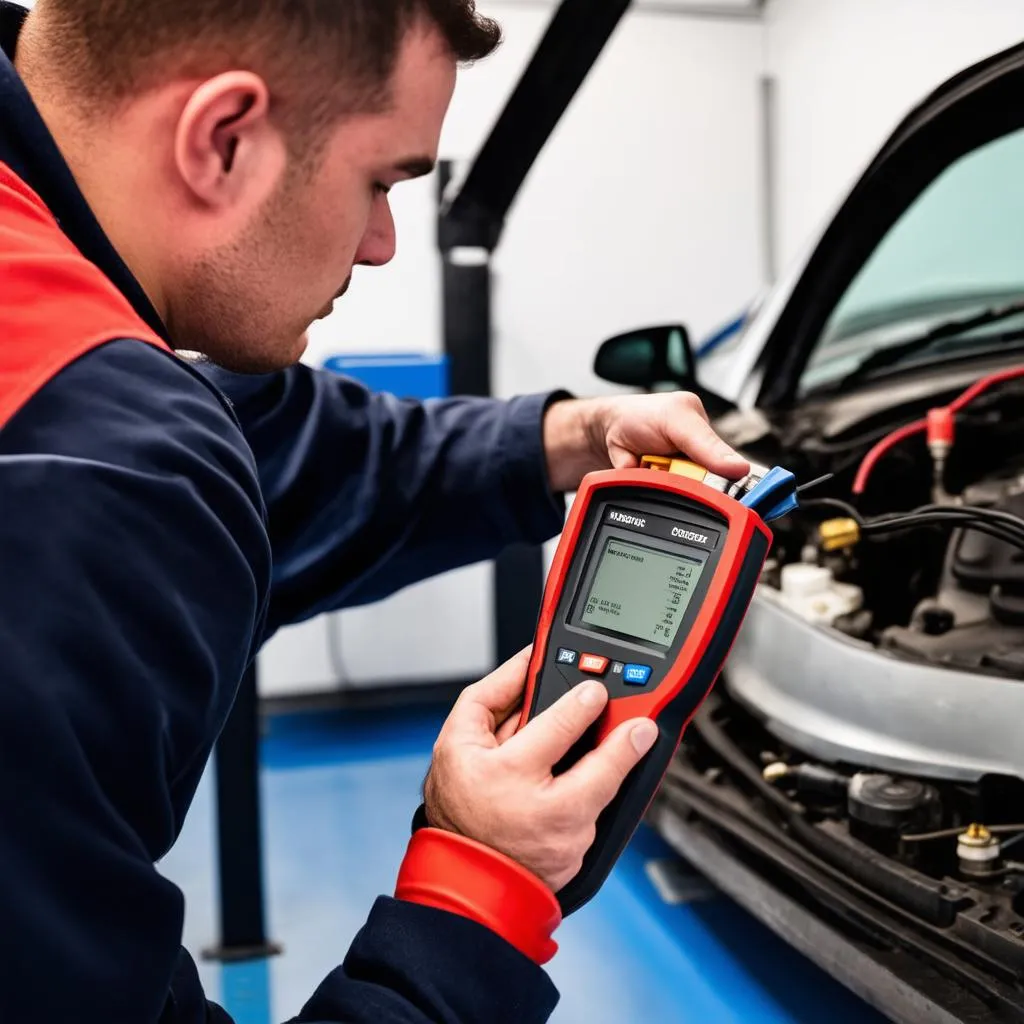 Mechanic using diagnostic tool