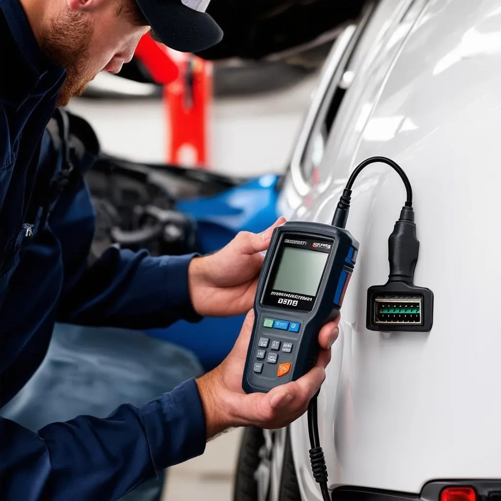 Mechanic using a diagnostic tool