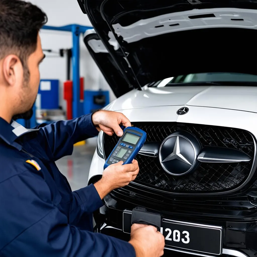 Mechanic connecting a diagnostic tool to a Mercedes-Benz car