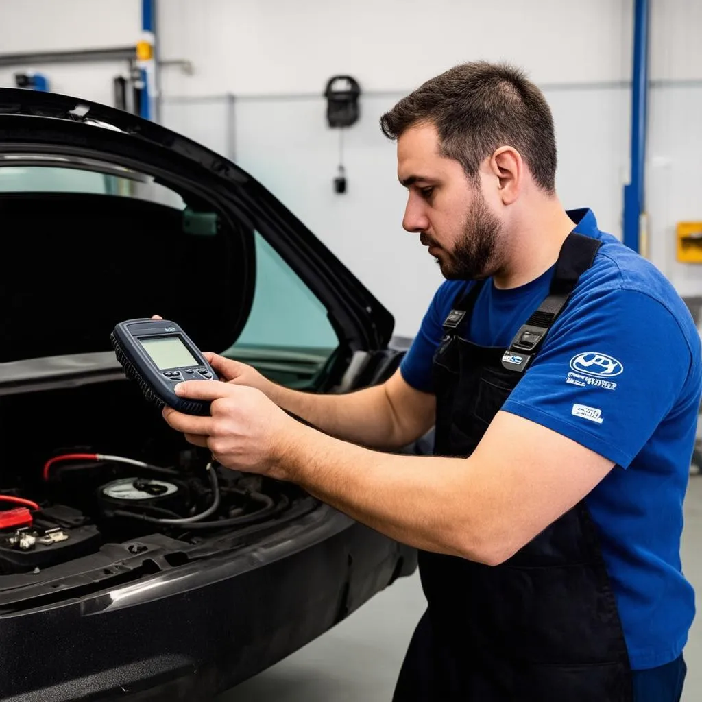 Mechanic using diagnostic tool on a car