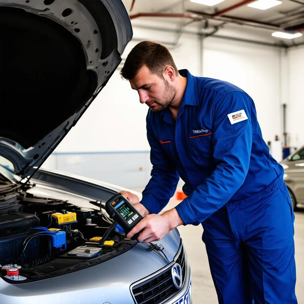 Mechanic using a diagnostic tool