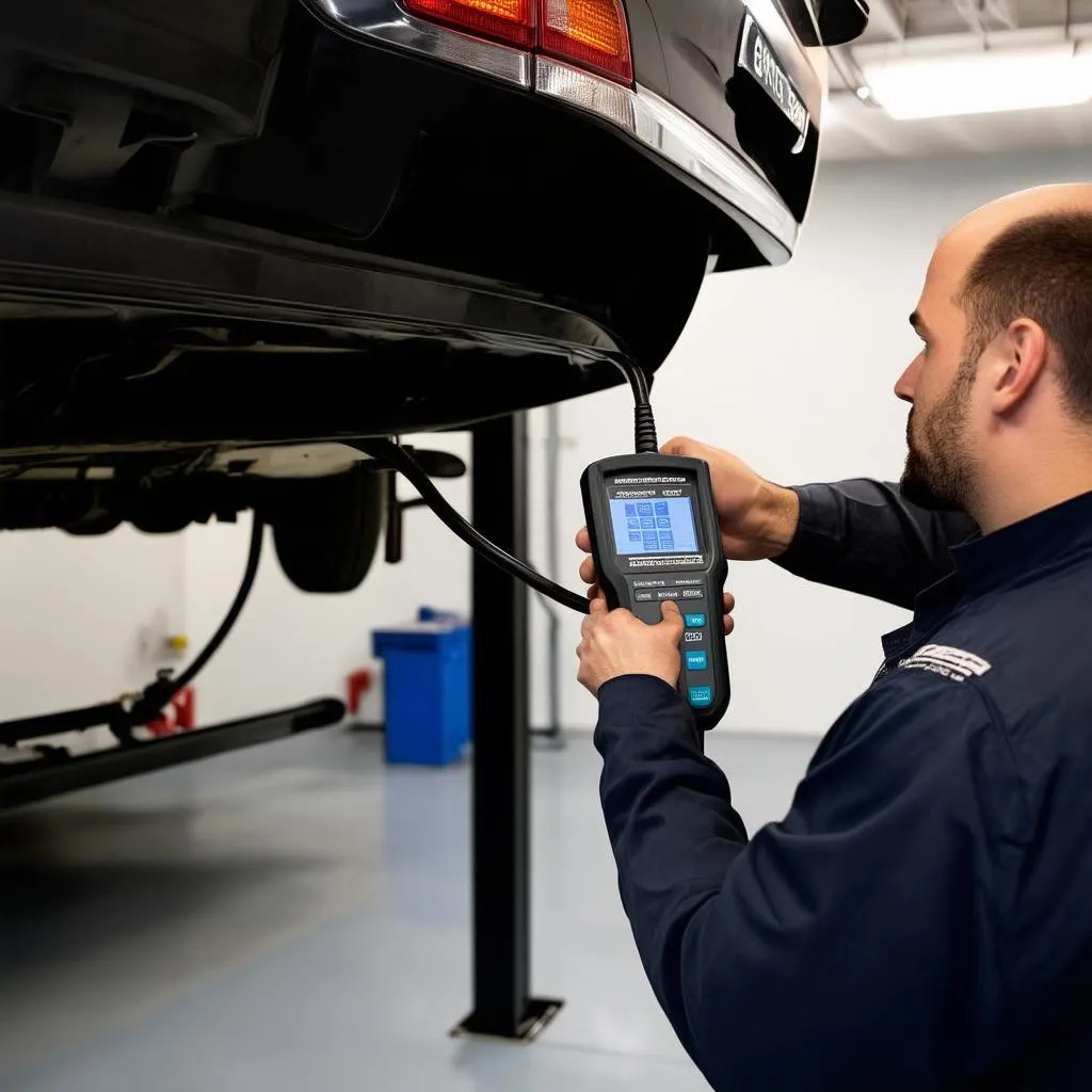 Mechanic using a diagnostic tool on a car