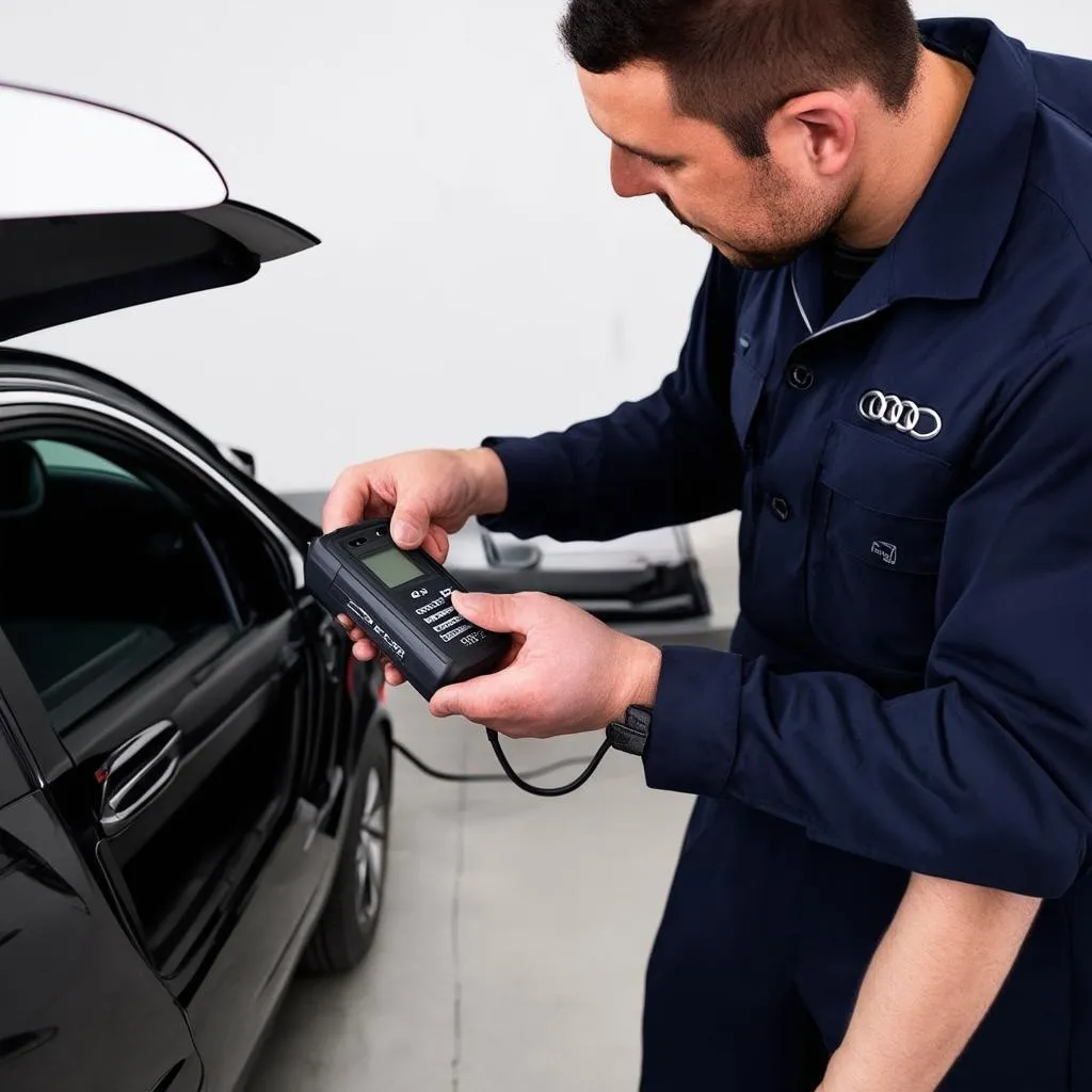 Mechanic using diagnostic tool on Audi A8 D4