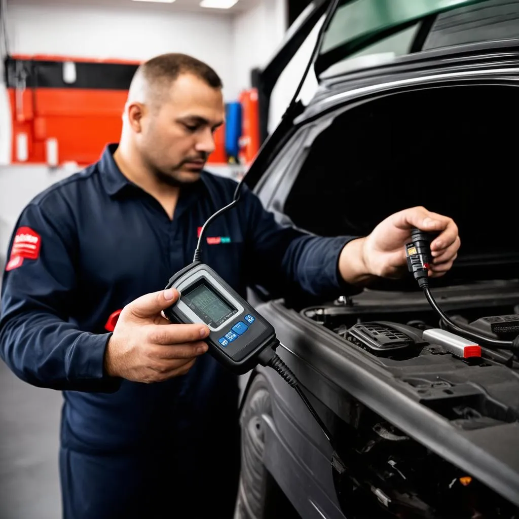 Mechanic using a diagnostic tool on an Audi Q5