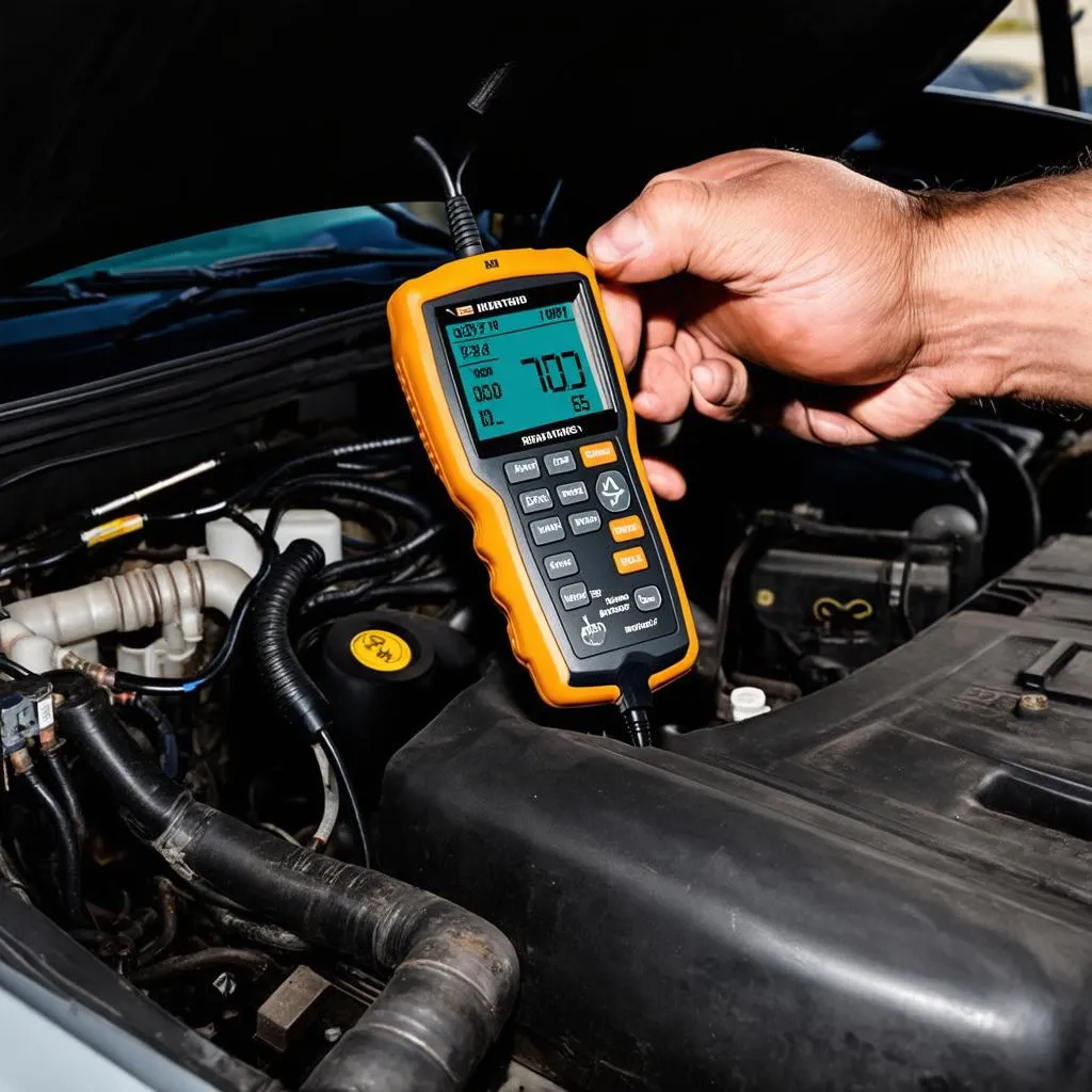 Mechanic using diagnostic tool on car engine