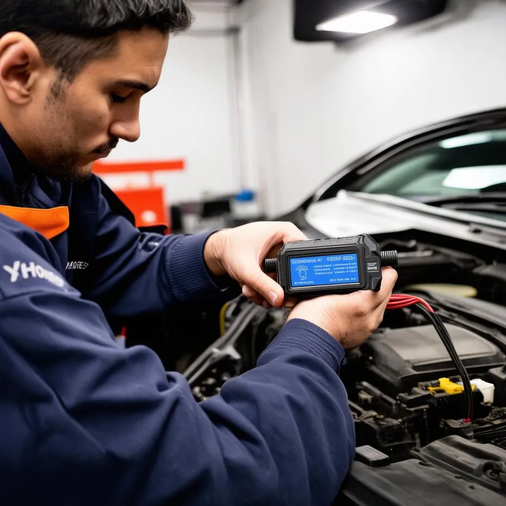 Mechanic using diagnostic tool on a European car