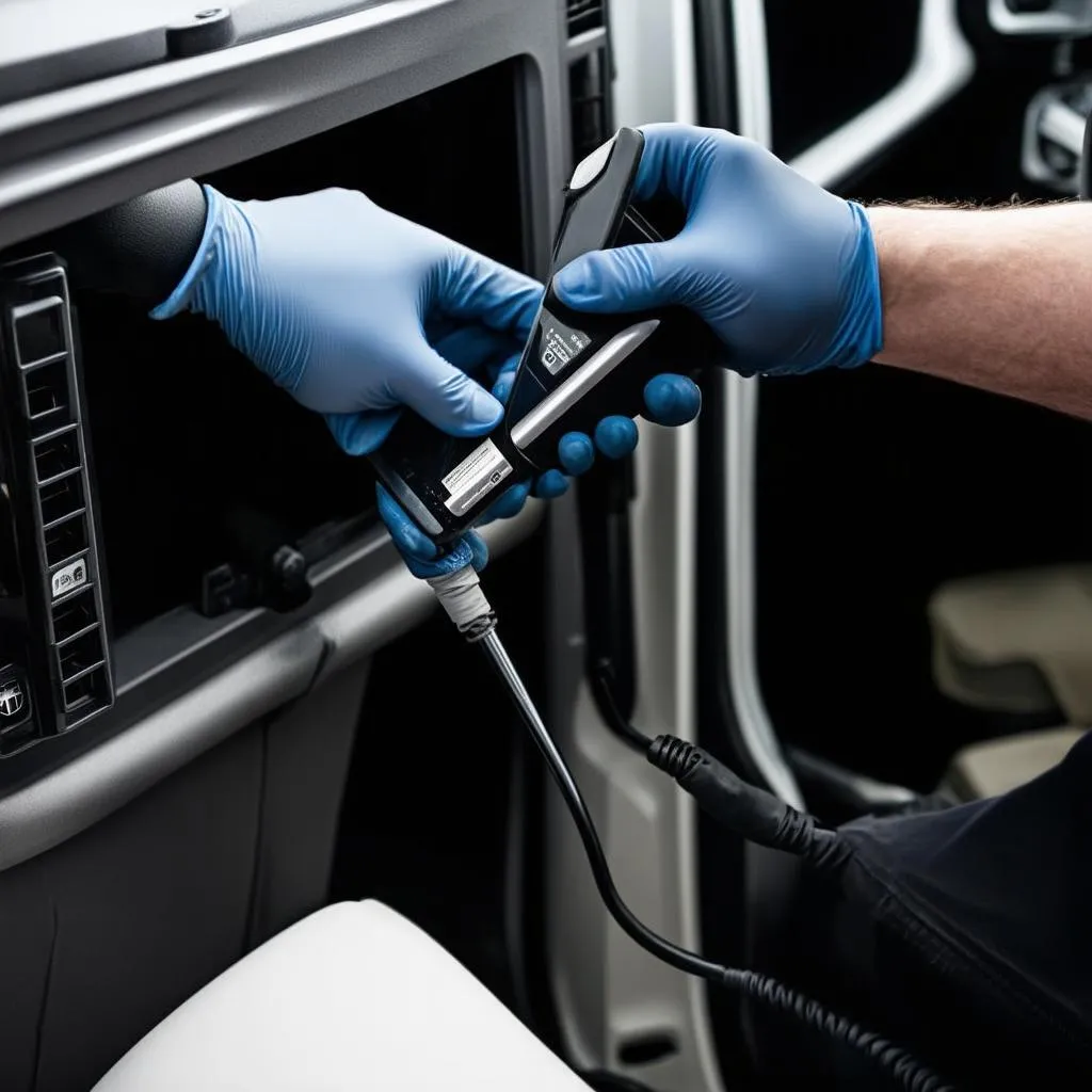 Mechanic using a diagnostic tool on a Sprinter van