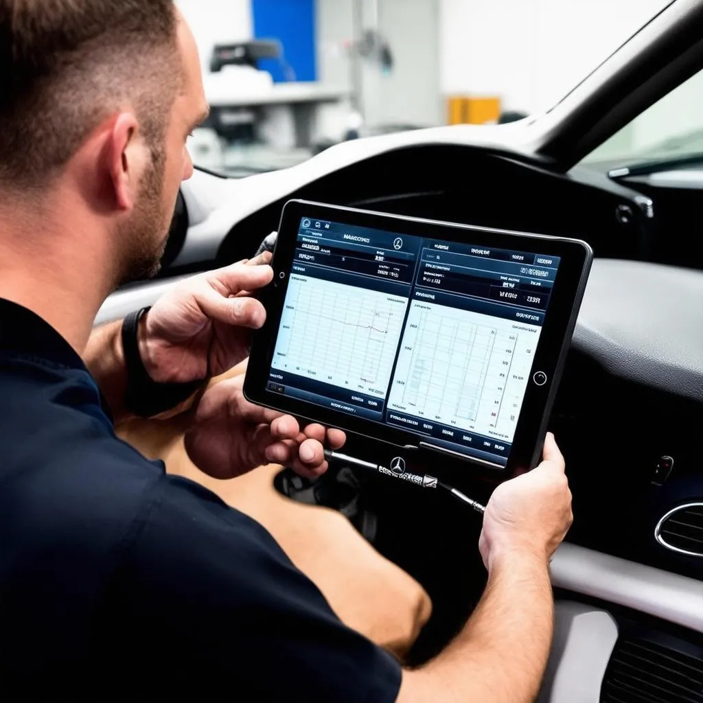 Mercedes Mechanic Using Diagnostic Tool