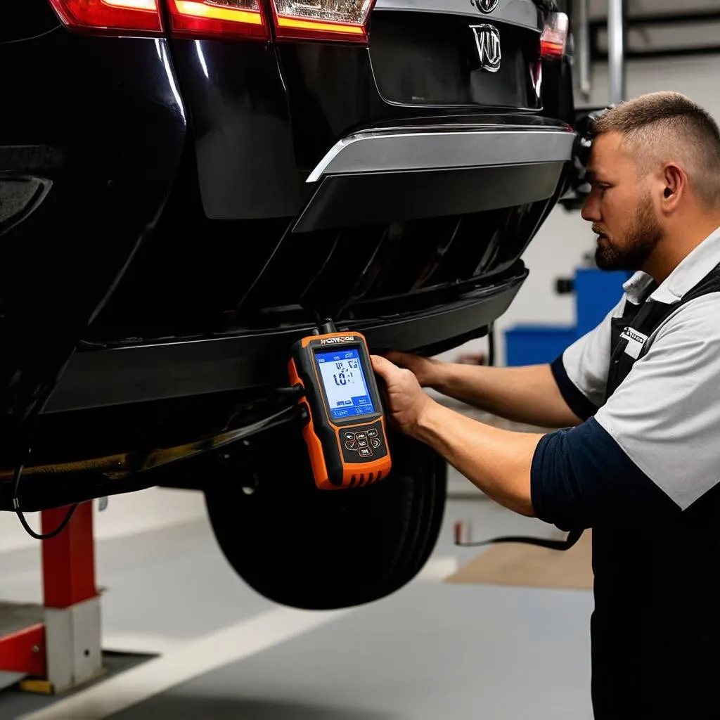 A mechanic using a Horse VVDI device on a car.