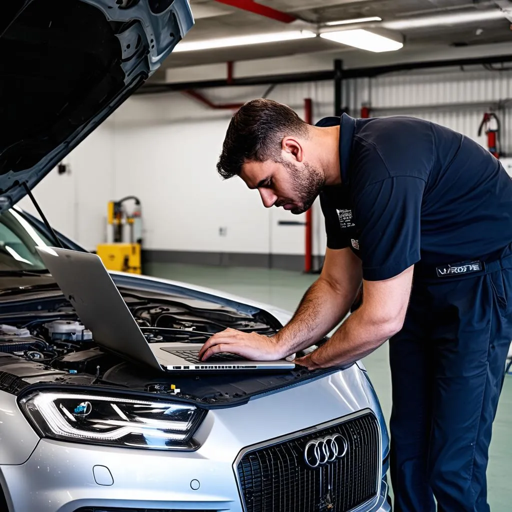 Mechanic Diagnosing Car with Laptop