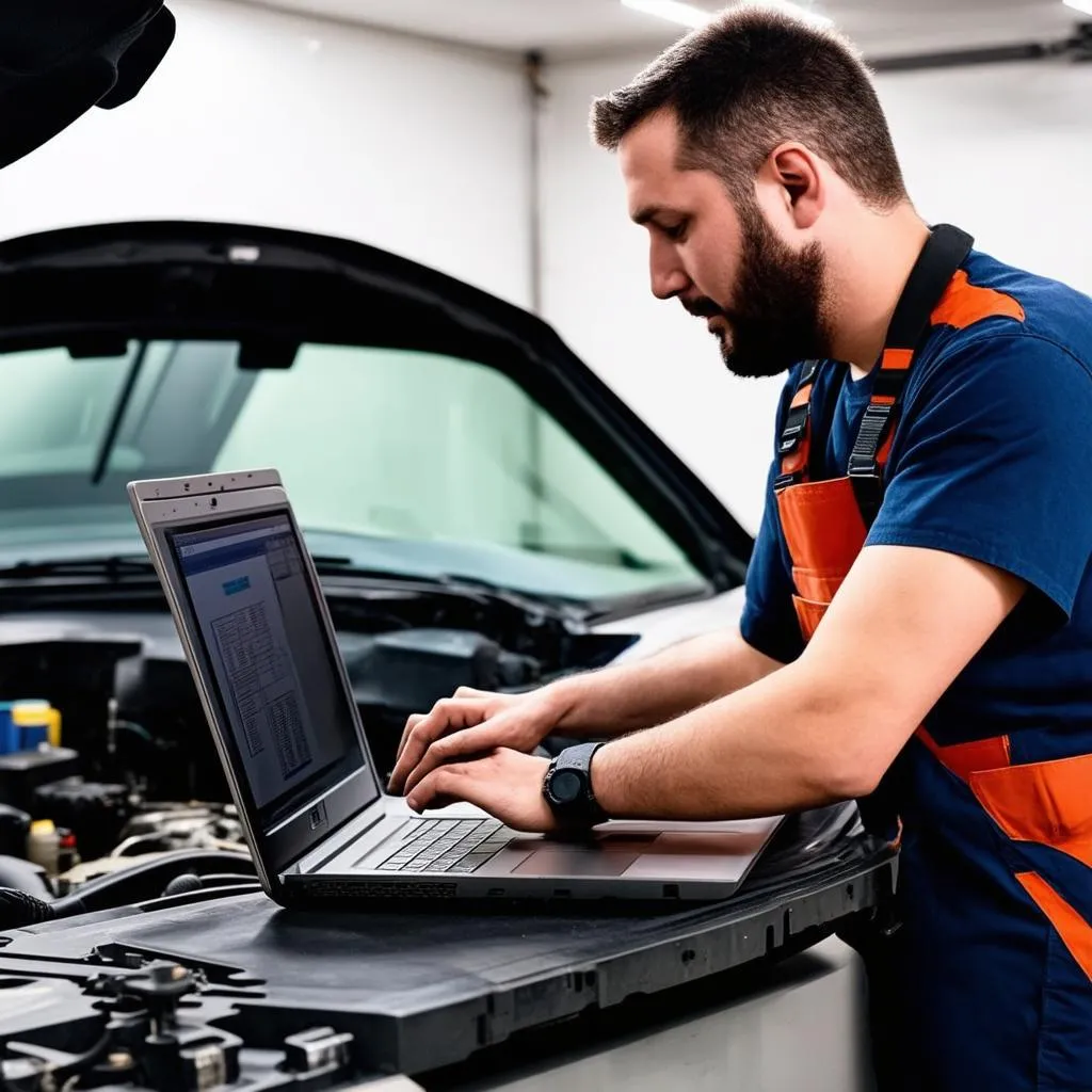 Mechanic Using Laptop