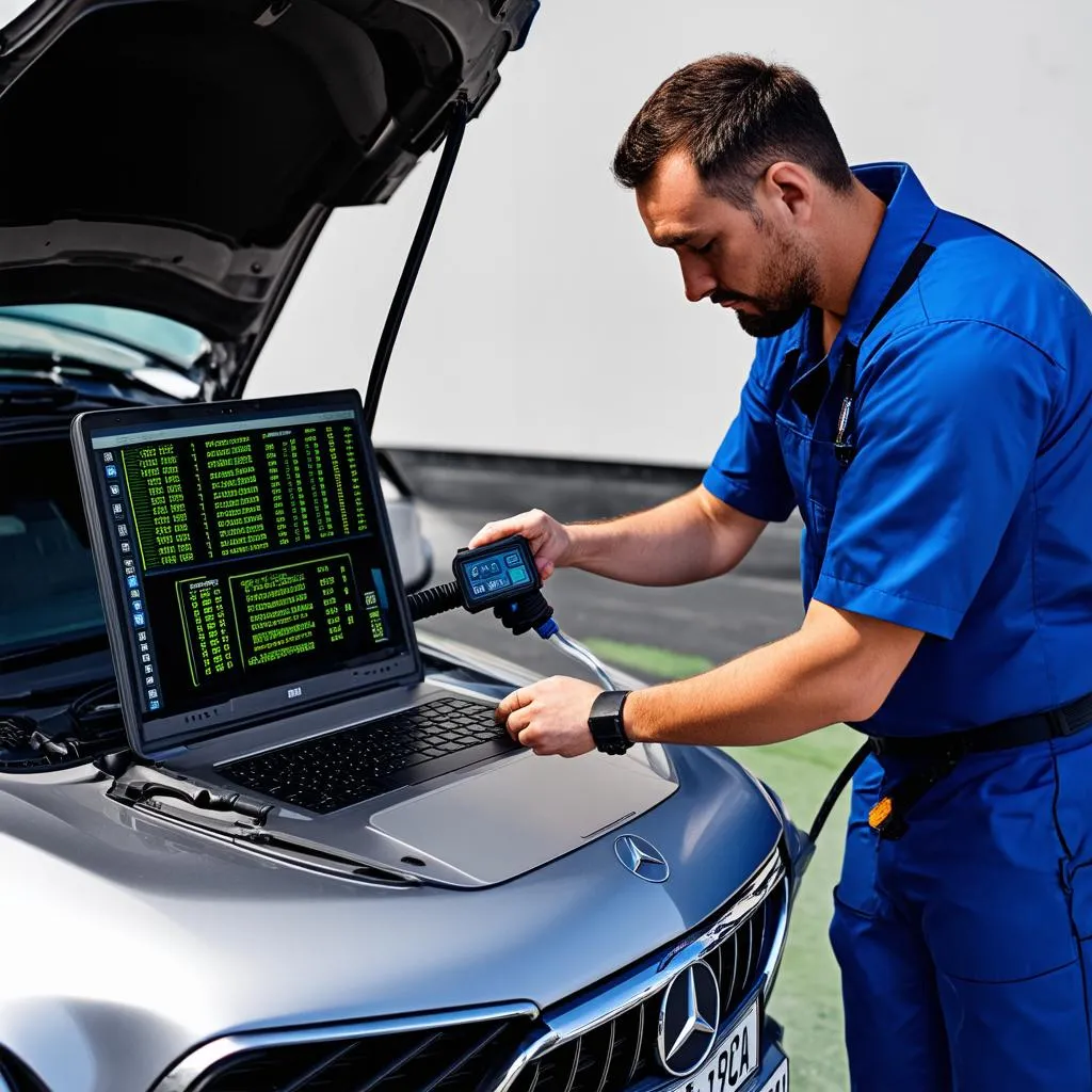 Mechanic using laptop to diagnose Mercedes