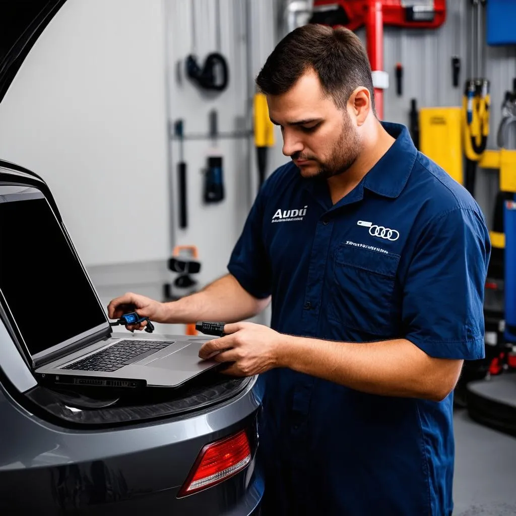 Mechanic using a laptop to diagnose an Audi car