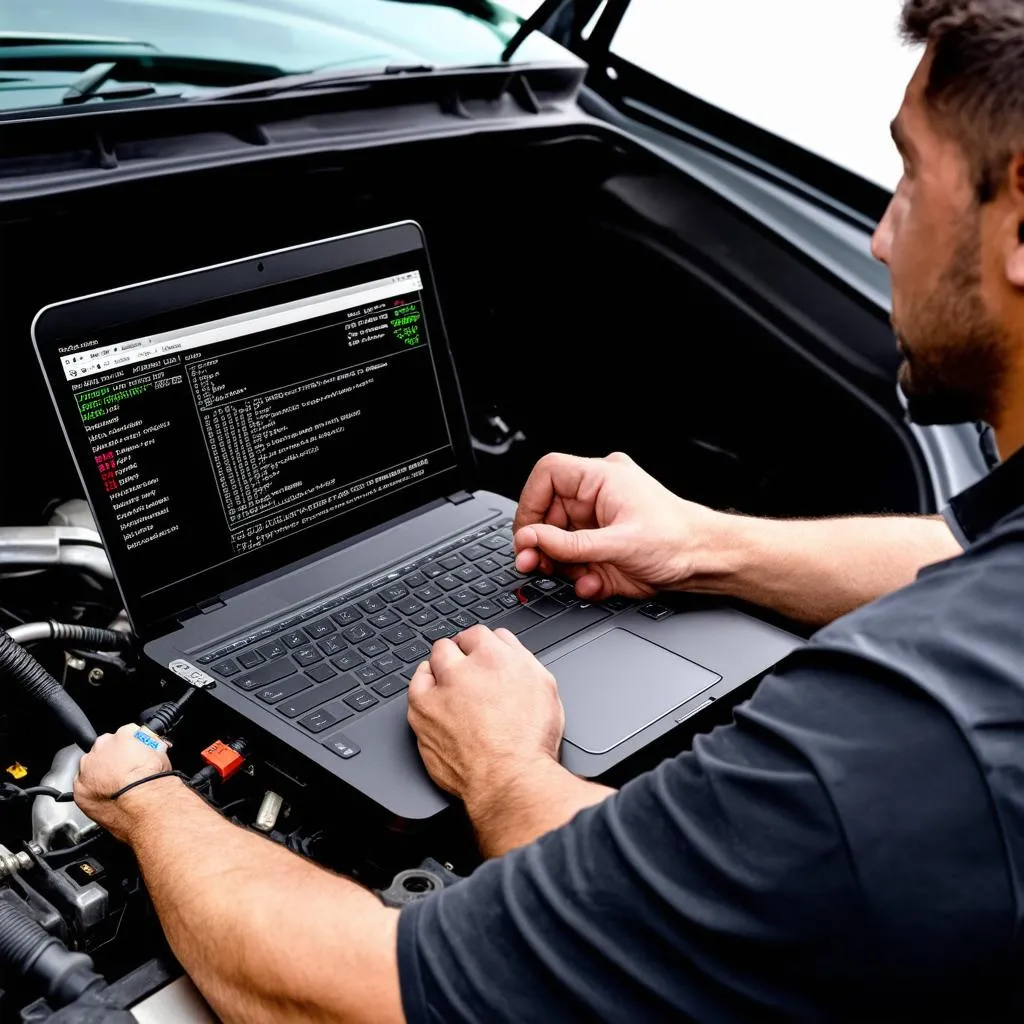 Mechanic using laptop for car diagnostics