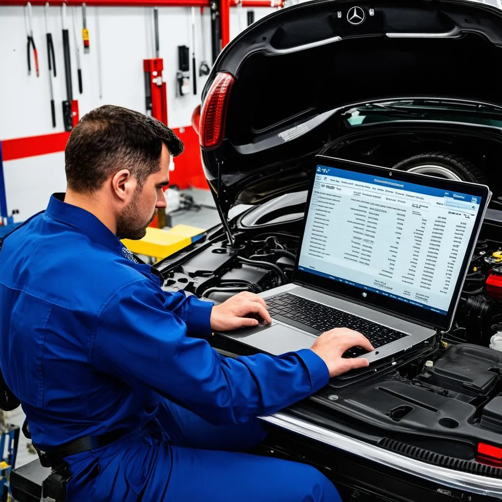 Mechanic Using Laptop in Garage