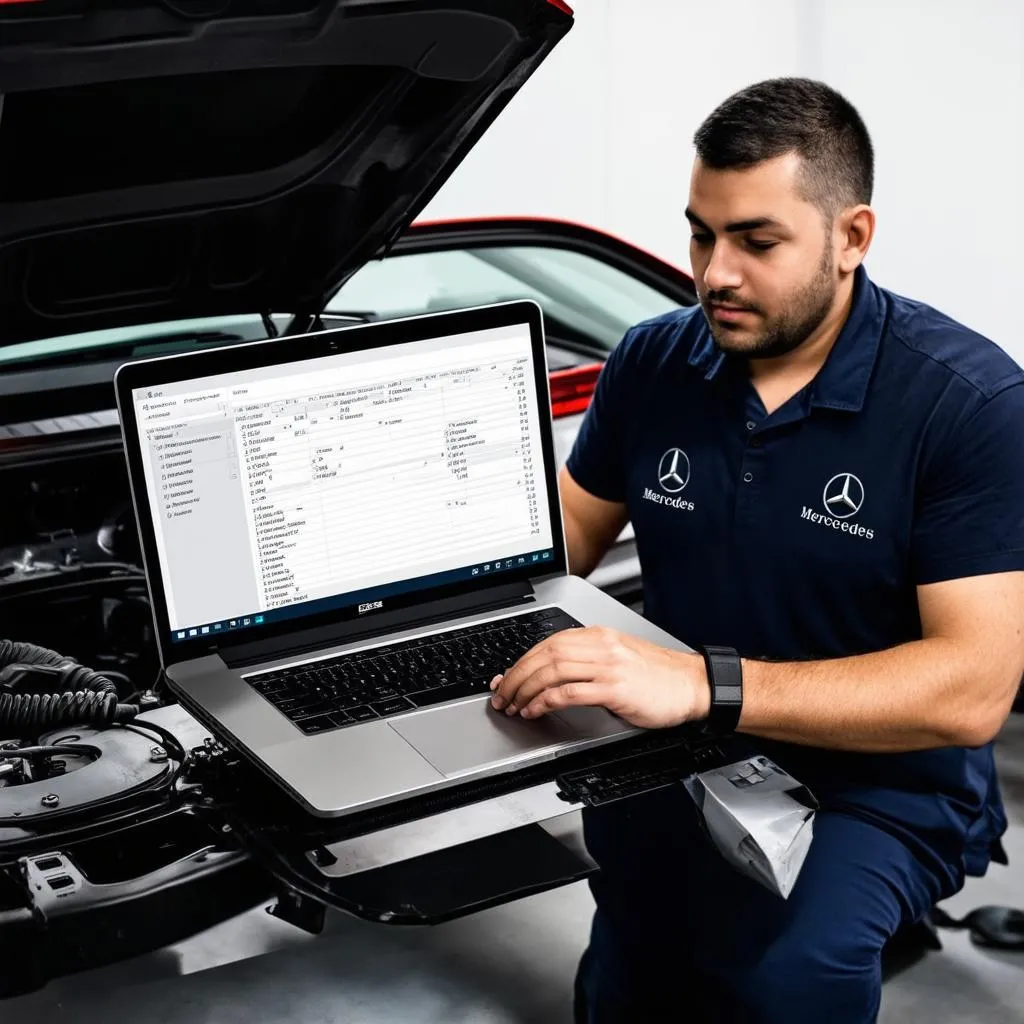 Mechanic using Mercedes programming software