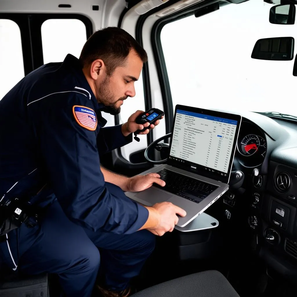 Mechanic using an OBD scanner on a Mercedes Sprinter van