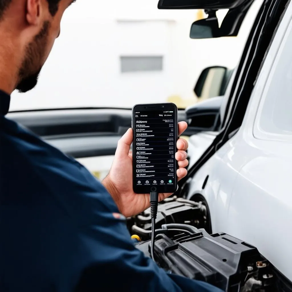 Mechanic using phone for diagnostics