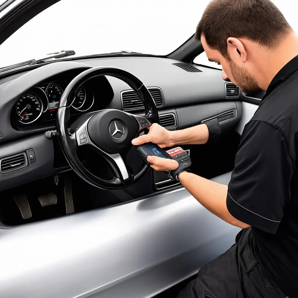 Mechanic using scan tool on Mercedes SLK 230