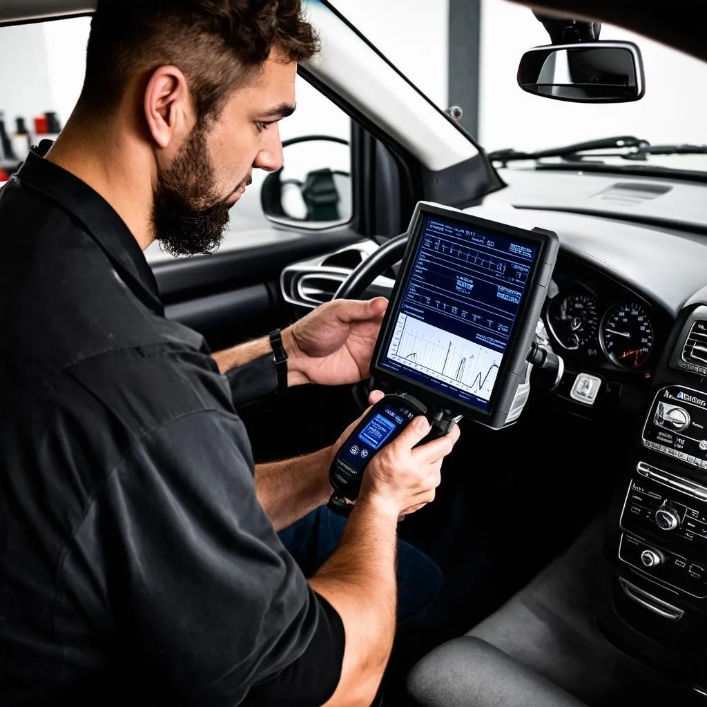 Mechanic Using Scanner on Mercedes