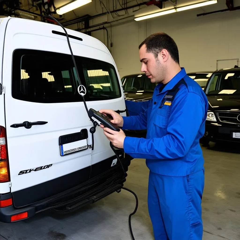 Mechanic Using Scanner on Sprinter