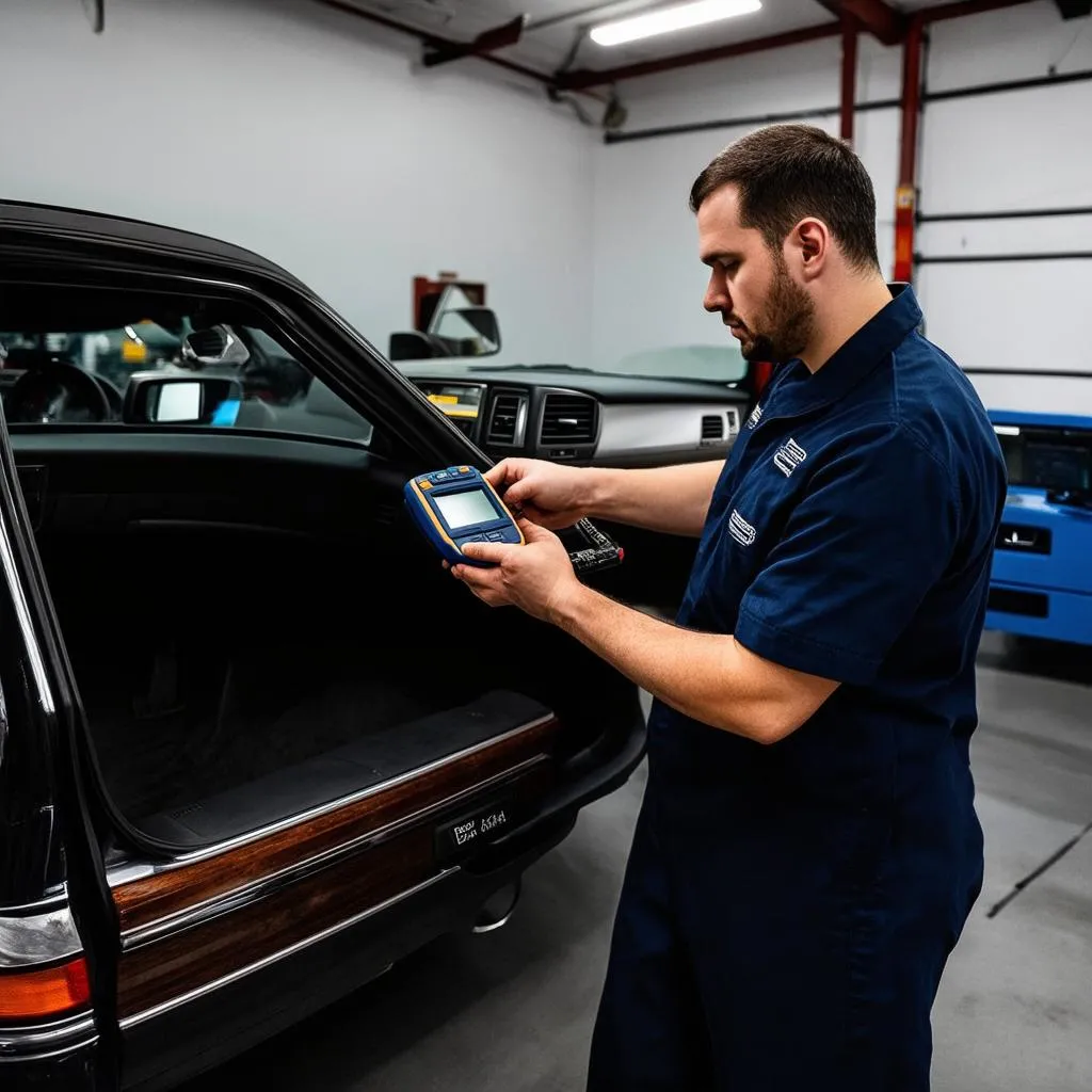 Mechanic using a diagnostic scanner on a Mercedes W140