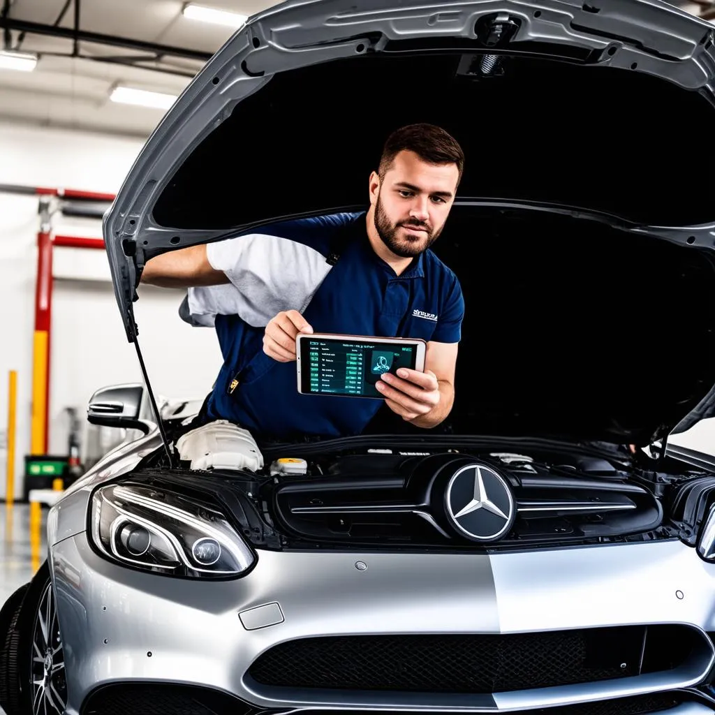 Mechanic using the Star Diagnostic iPad to diagnose a Mercedes-Benz car