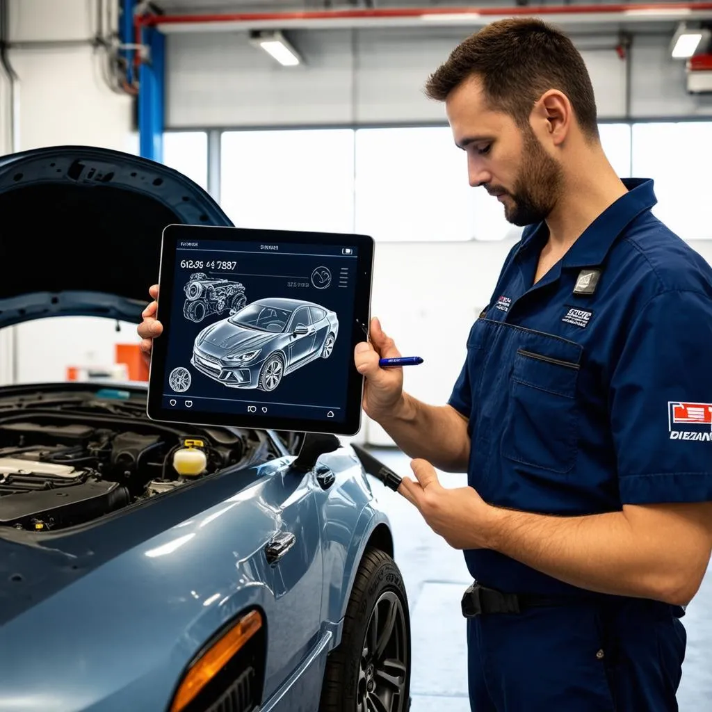 Mechanic Using Tablet for Diagnostics