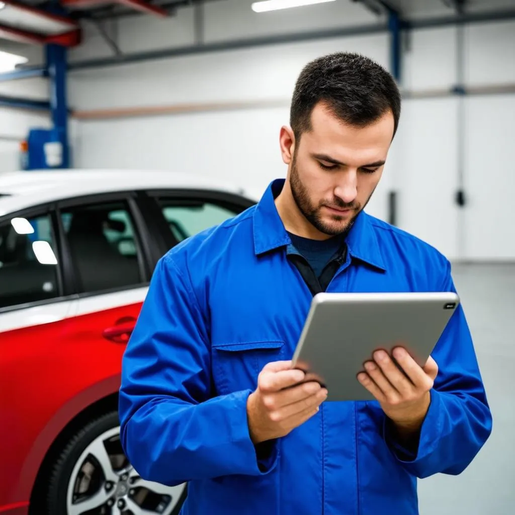 Mechanic Using Tablet in Garage