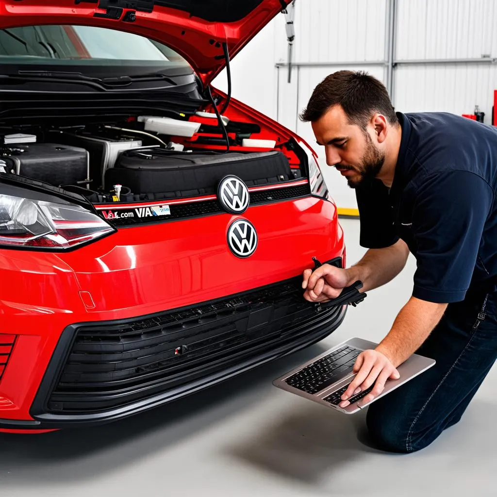 Mechanic using VAG-COM on a VW Golf