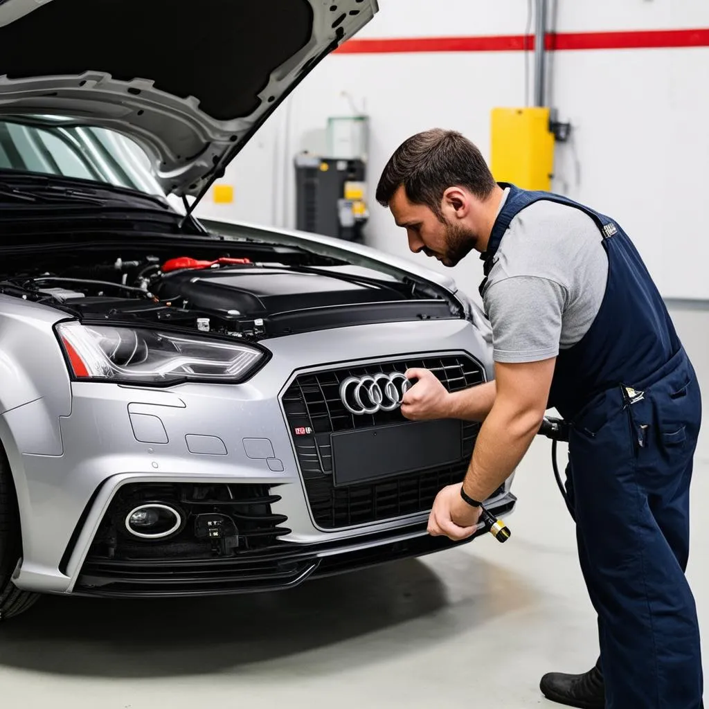 A mechanic using a VAG COM cable to diagnose a car's engine