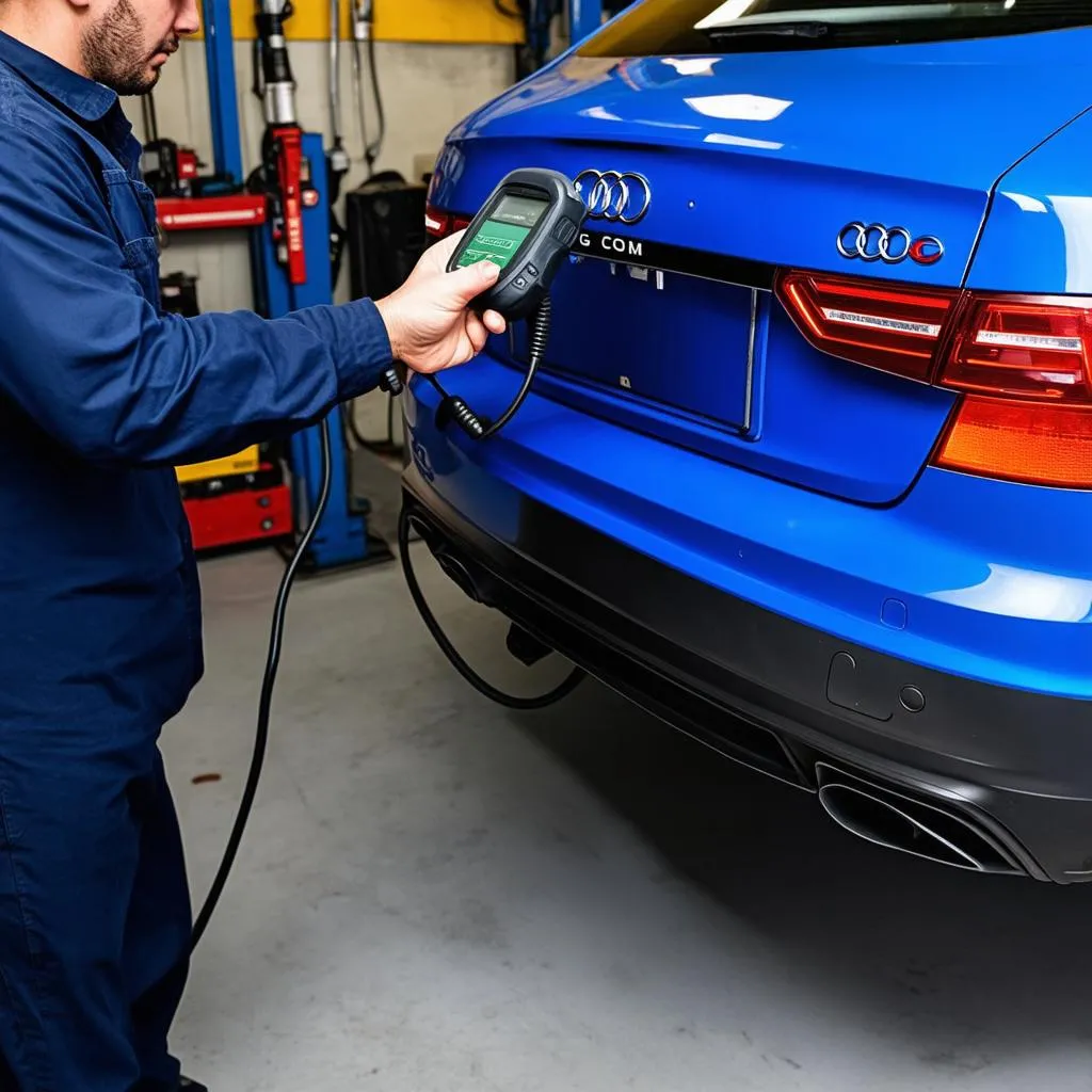 Mechanic Using VAG COM Scanner on Audi A6 C6