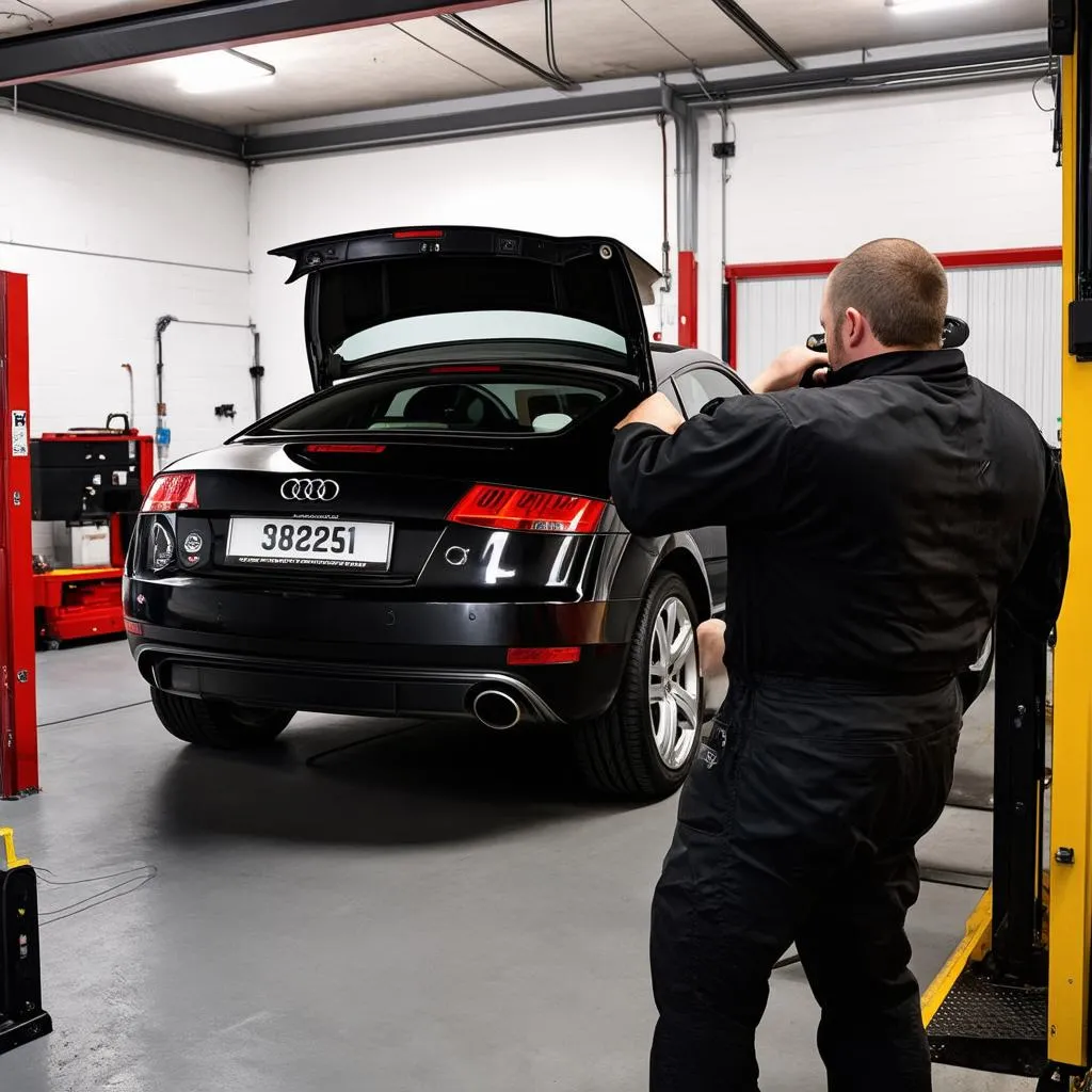 Mechanic using a VAG scanner on an Audi TT Mk3