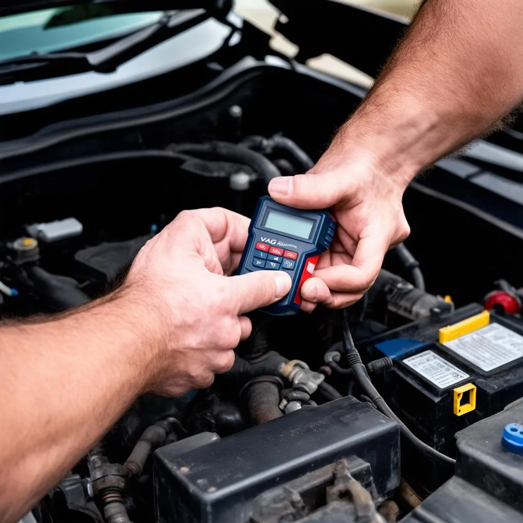 Mechanic using VAG TACHO on car dashboard