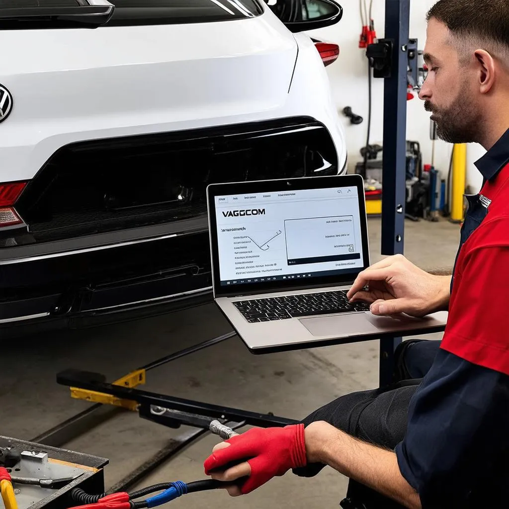 Mechanic using Vagcom to diagnose a car problem