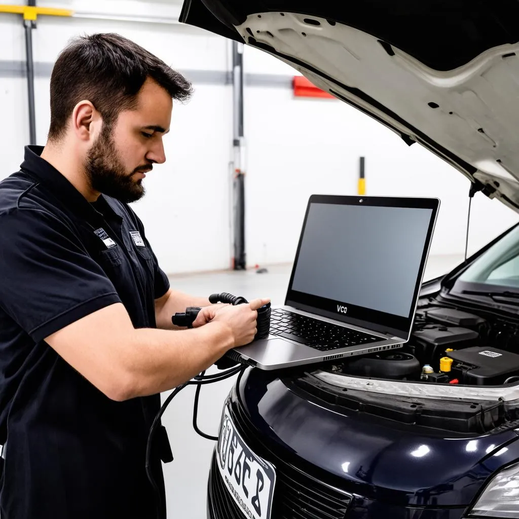 Mechanic Using VCDS on Laptop