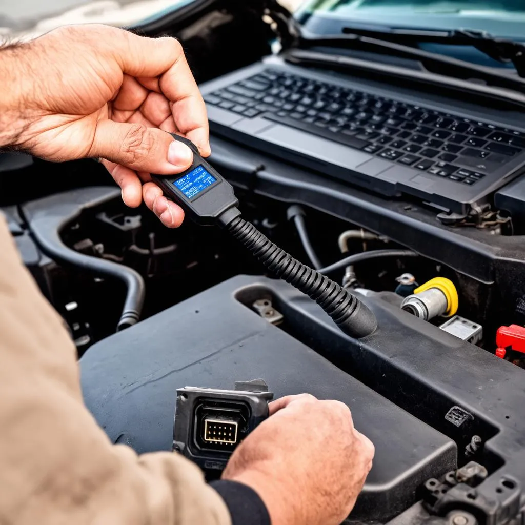 Mechanic diagnosing a car using VCDS