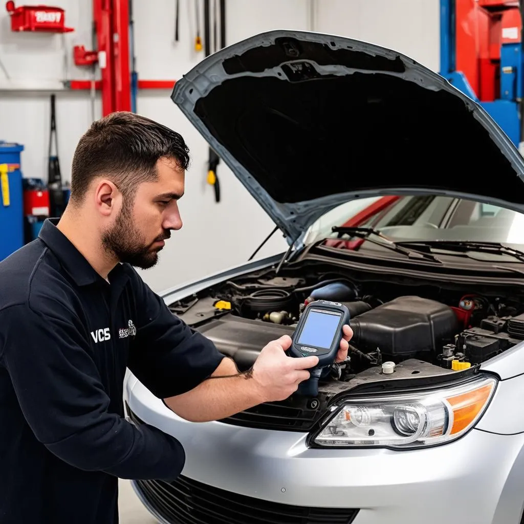 Mechanic using VCDS for car diagnostics