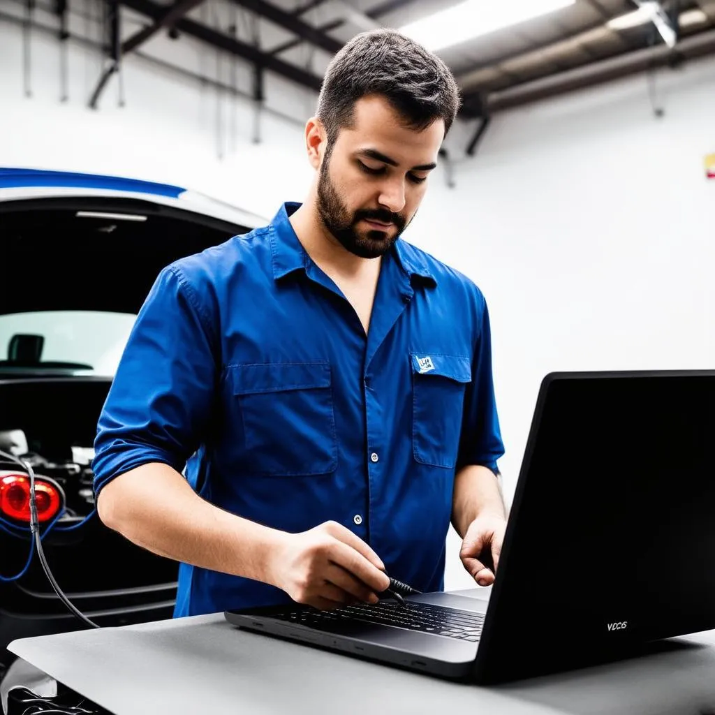 Mechanic diagnosing a car with VCDS