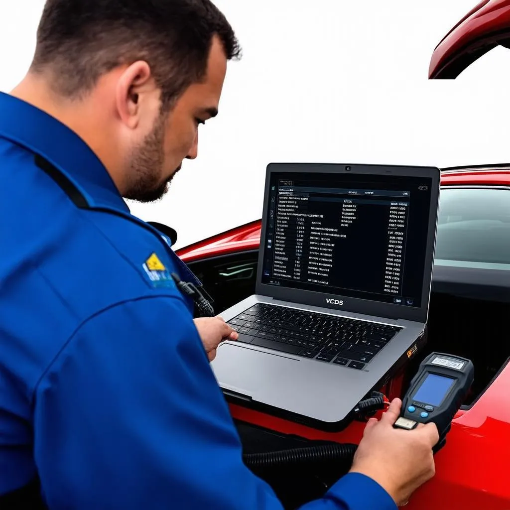 Mechanic using VCDS for car diagnostics