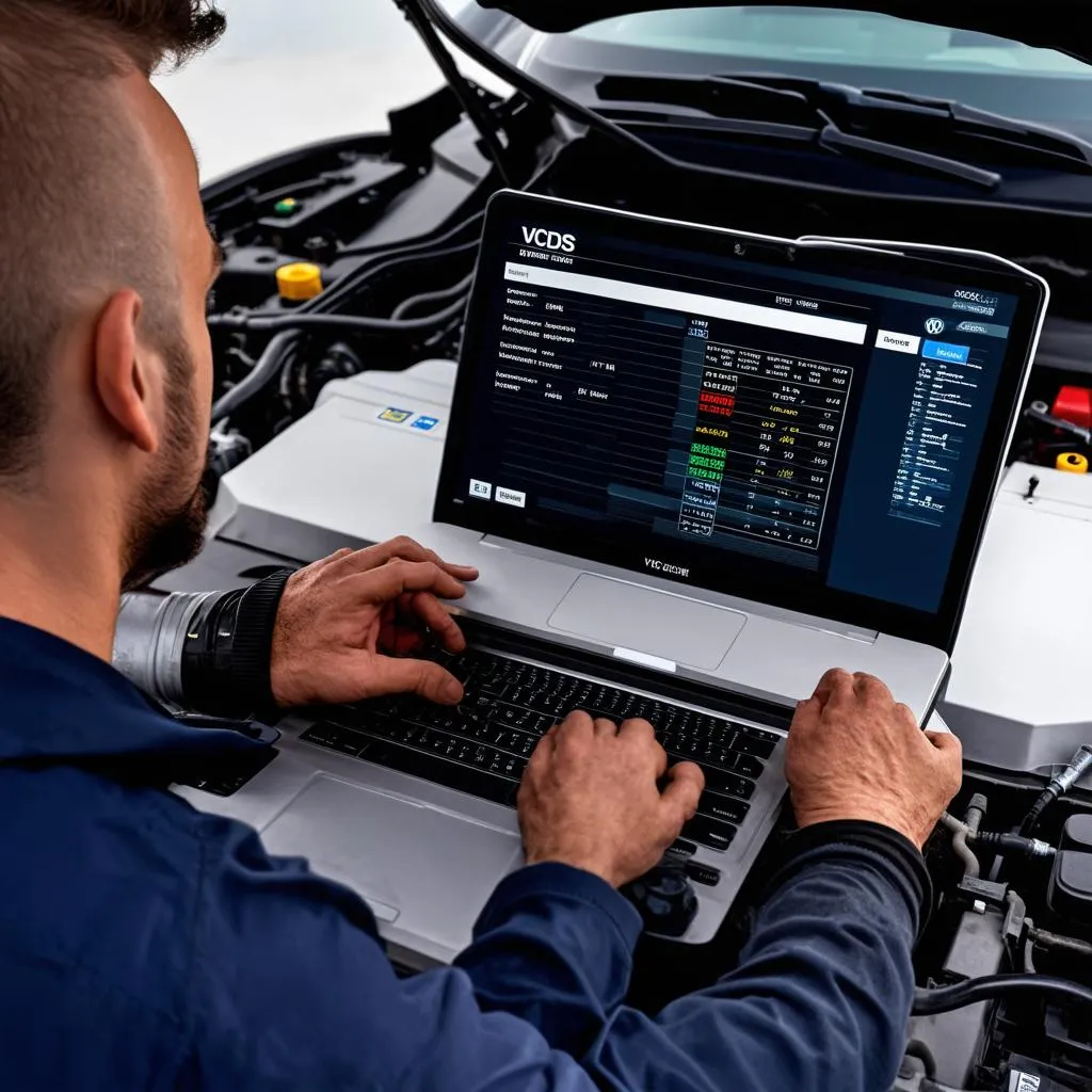 Mechanic Using VCDS on Laptop