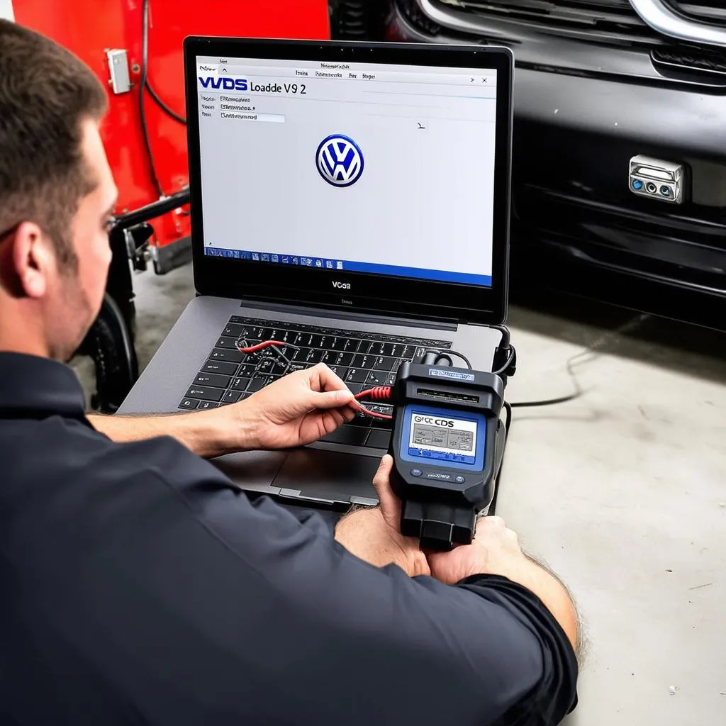 Mechanic using VCDS Loader on car