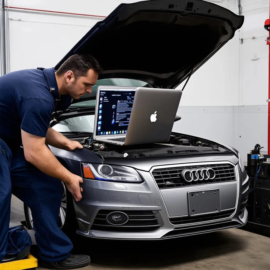 Mechanic Using VCDS on Macbook for Car Diagnostics