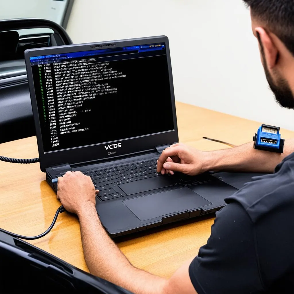 mechanic using VCDS on a laptop