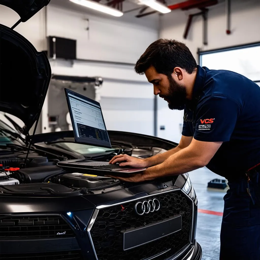 Mechanic Diagnosing Audi with VCDS