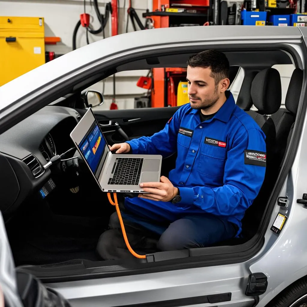 Mechanic Using VCDS on MacBook in Garage