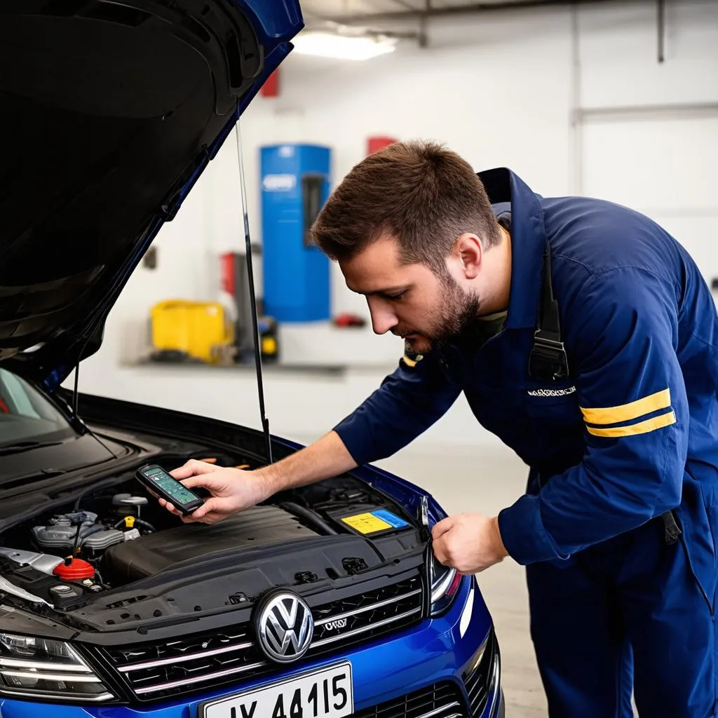 Mechanic using VCDS scanner on a Volkswagen Golf