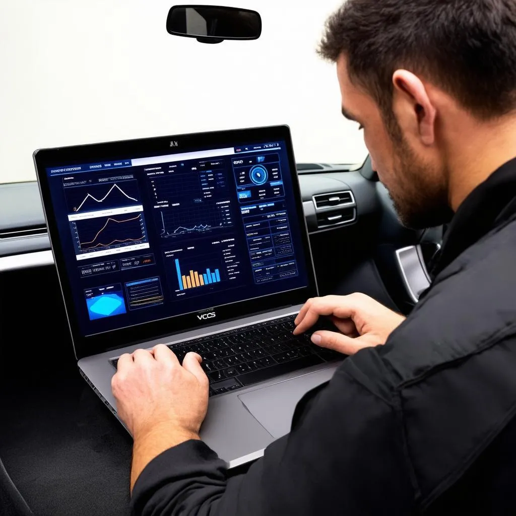 Mechanic using VCDS software on laptop